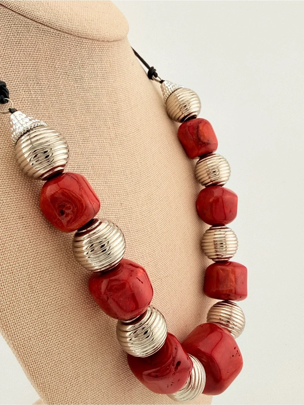 Chunky Red Coral & Silver Statement Necklace